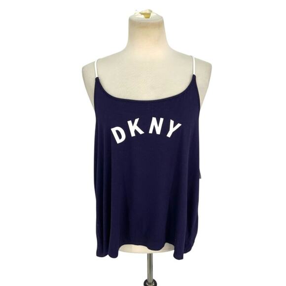 DKNY Logo Navy Blue Spaghetti Strap Knit Tank Top Size XL NWOT - Picture 1 of 7